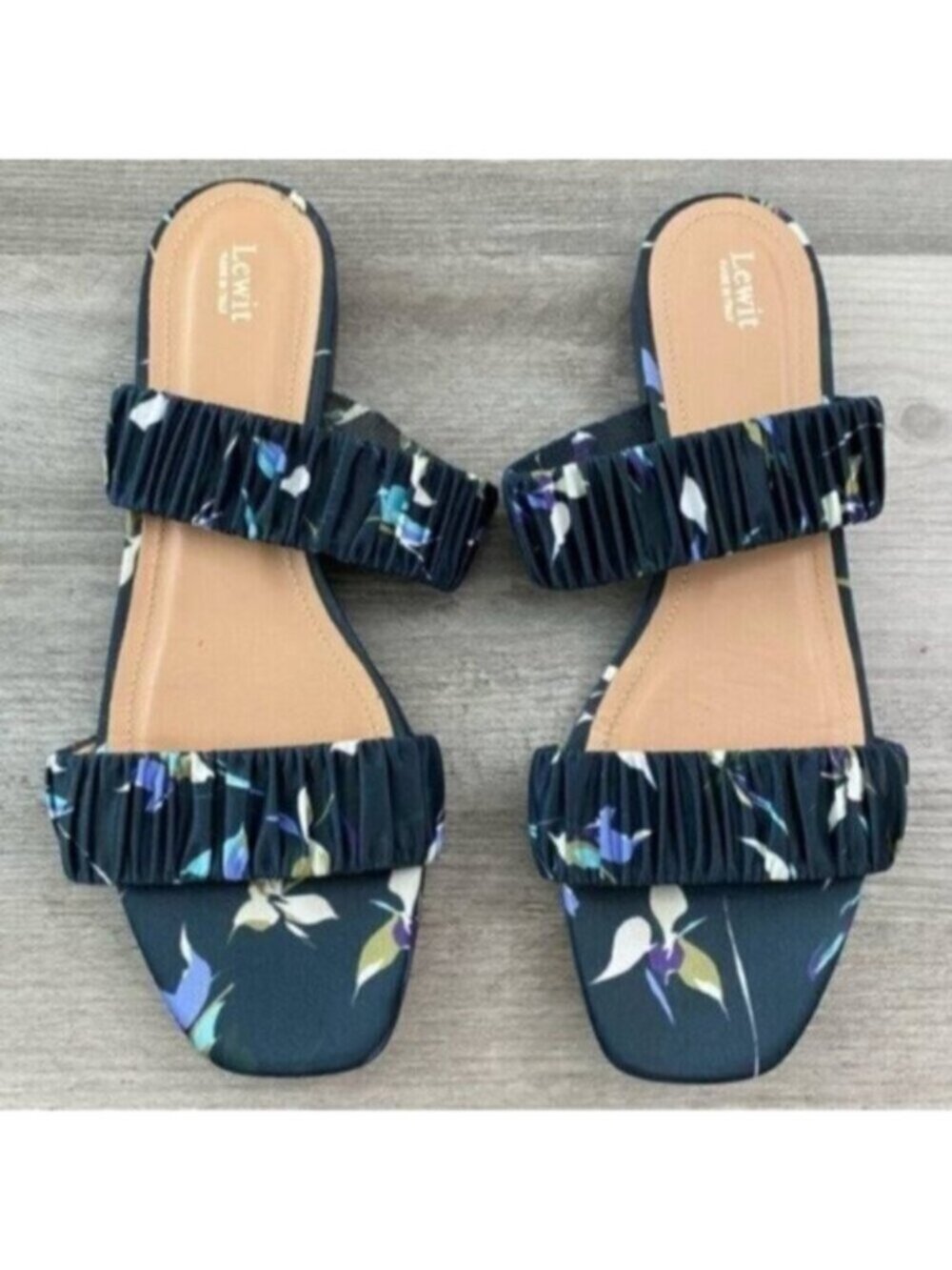 Lewit Sandals Womens 9.5 Blue Floral Elena Double Strap Satin Slides Slip On